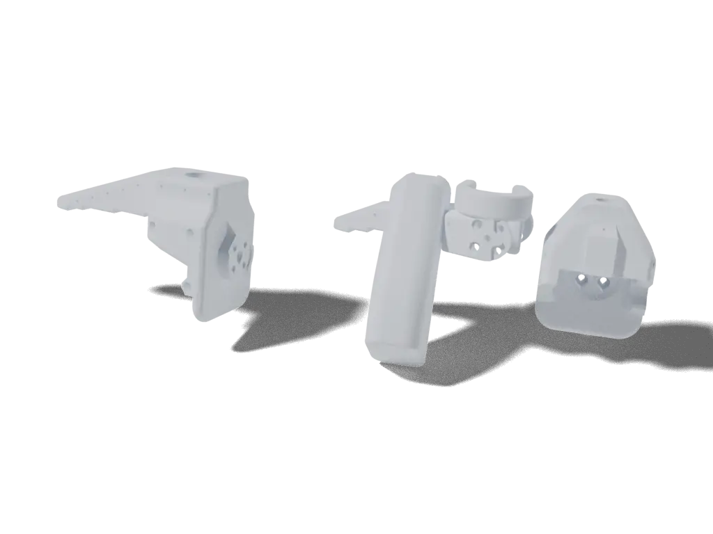 Moss v1 Robot Arms source parts, 3D render (not the assembled robot)