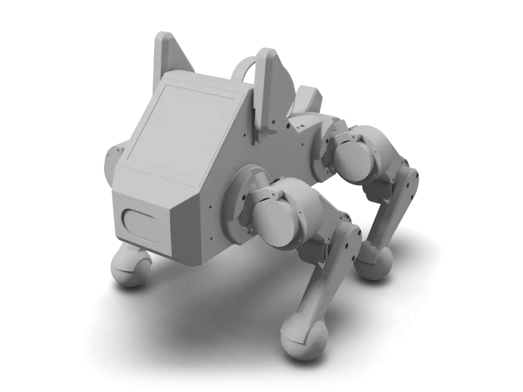 Stanford Pupper v3 12-DoF robot dog, 3D render from pupper_v3_complete.xml, the project's simulation model
